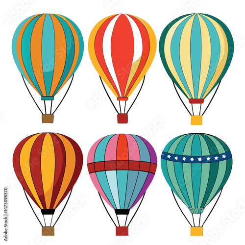 Six classic hot air ballon transport isolated on white background