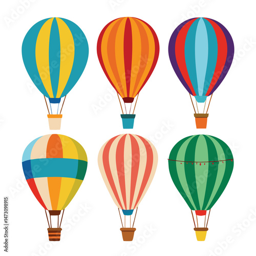 Six classic hot air ballon transport isolated on white background