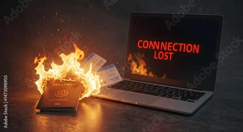 Burning travel documents with a laptop displaying 'Connection Lost', symbolizing canceled plans and frustration.