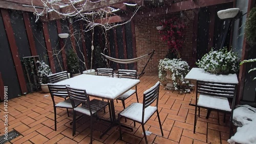 Backyard patio and table snowing landscape