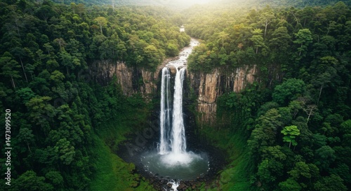 Aerial View of Lush Rainforest Waterfall
