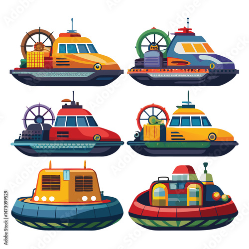 Six classic hovercraft transport isolated on white background
