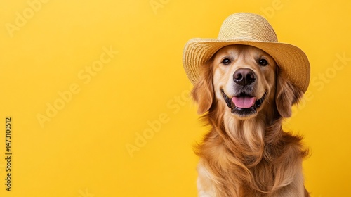 Wallpaper Mural Happy Golden Retriever dog wearing a straw hat against a yellow background. (2) Torontodigital.ca