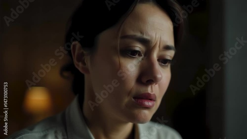 Emotional woman expresses deep feelings during a heartfelt conversation at home in the evening