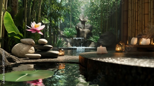 Zen Tranquility, A Serene Spa Oasis with Lotus, Stones, and Candles