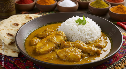 Pollo tikka masala con arroz, naan y surtido de especias

