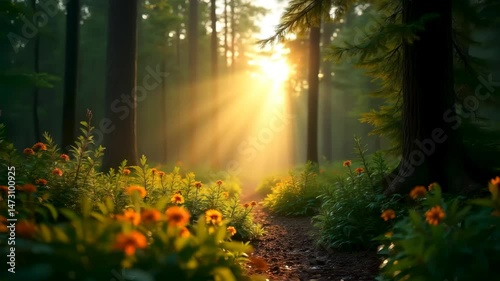 Beautiful sunlight streaming through trees in a vibrant forest filled with blooming flowers