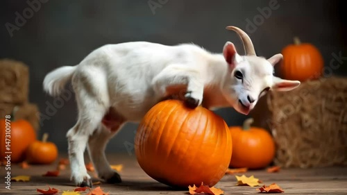 Cute goat poses with a pumpkin among autumn decorations in a cozy indoor setting