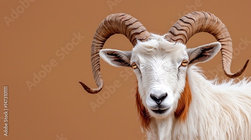 Shaggy White Goat with Large Twisted Horns Against a Brown Background
