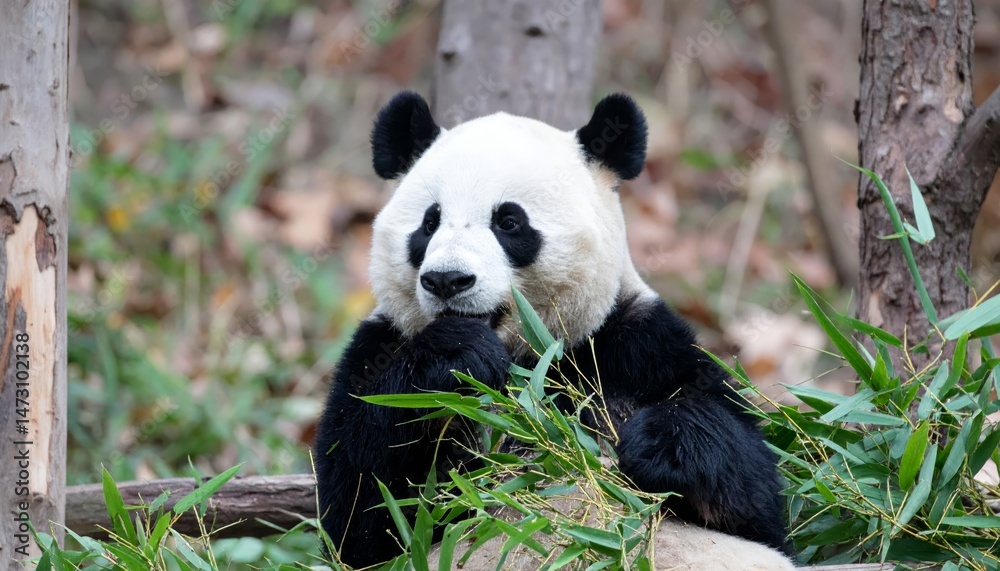 Fototapeta premium Adorable panda bear lounging on a log in verdant grassy meadow