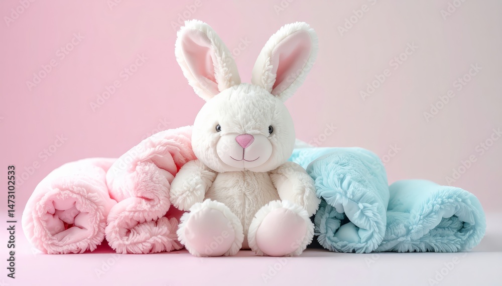 Obraz premium Adorable stuffed rabbit finding comfort amidst a pile of soft blankets, cozy scene