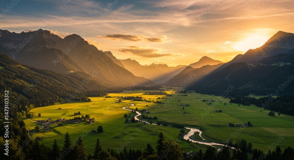 Fototapeta premium Golden Hour Sunset over Alpine Valley and River