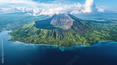 Dramatic aerial view of a volcanic island landscape. photo