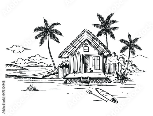 Coastal landscape in free and uncluttered lines. Beach house scene art with surfing-related elements.