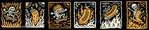 Whimsical Doodle Illustrations of Skeletons on Skateboards and Hot Dogs
