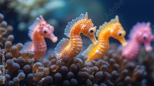 Vibrant seahorses nestled amongst coral, close-up view.