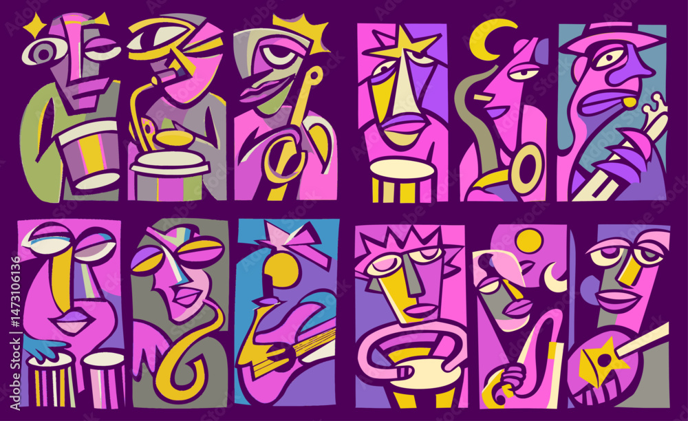 Obraz premium Colorful Abstract Characters in Musical Doodles and Illustrations