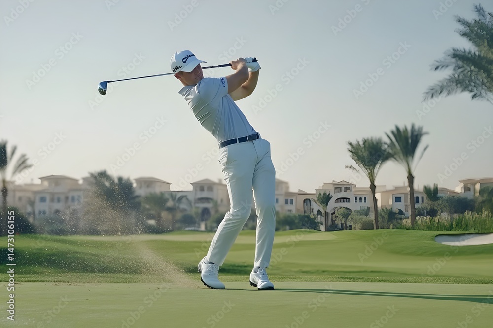 Obraz premium Golf shots on a wide golf course by a professional golfer from side view and close up view