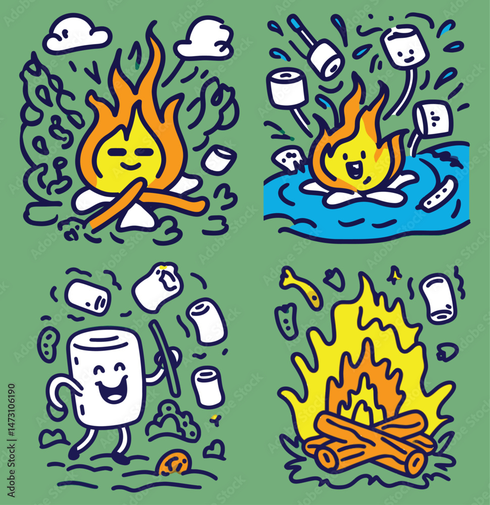 Fototapeta premium Playful Doodle Illustrations of Campfire Fun and Marshmallow Roasting