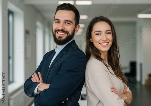 Smiling business colleagues stand back to back in a modern office setting