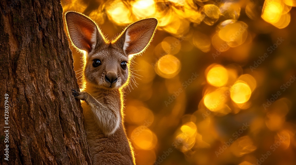 Fototapeta premium Adorable joey kangaroo peeking from behind a tree trunk at sunset, golden bokeh background.