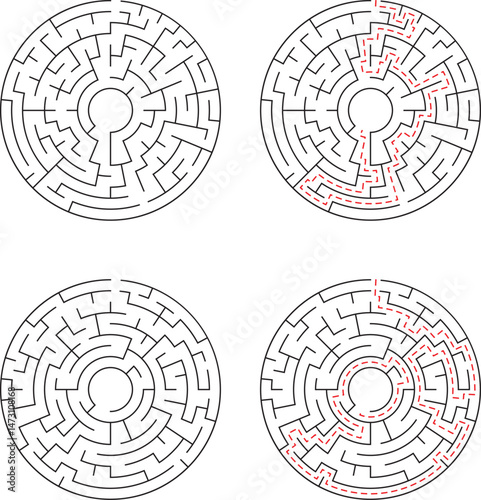 Four circular mazes with solutions indicated by red lines perfect for puzzles education and problem-solving concepts