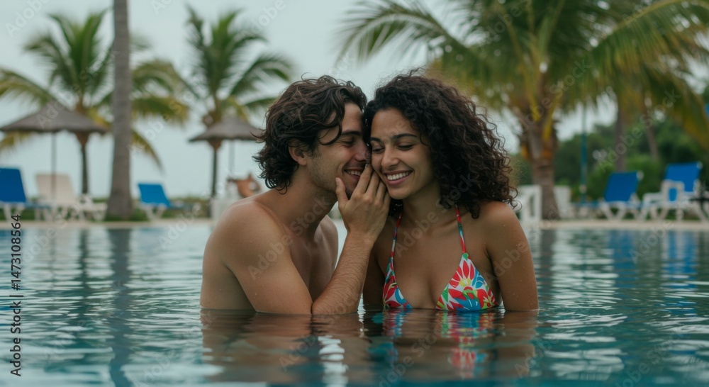 Fototapeta premium Romantic Couple Whispering in Tropical Pool