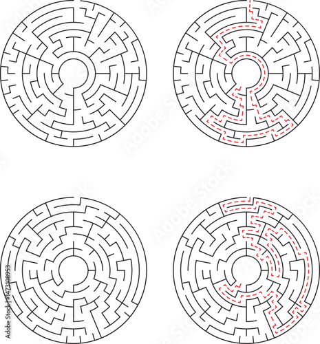 Illustration of circular mazes with red highlighted paths demonstrating solution finding for problem solving and decision making
