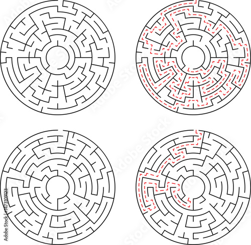 Four stages of solving a circular maze puzzle showing the path from start to finish in a series of illustrations