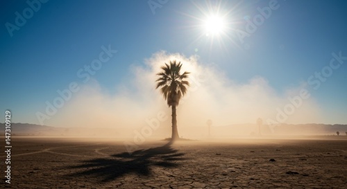 Lone Palm Tree in Desert Dust Storm at Sunrise
