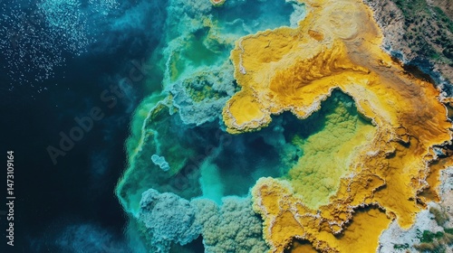 Colorful thermal springs landscape from high altitude.