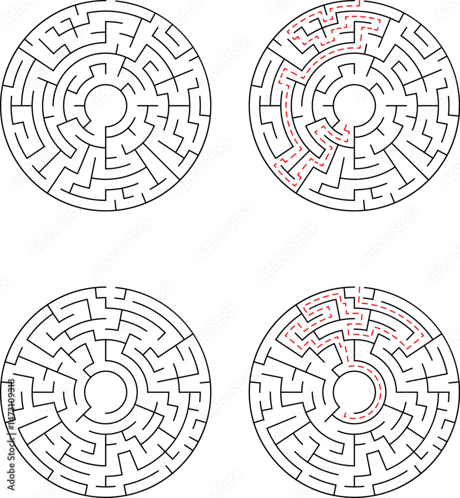 Four different circular mazes with solutions highlighted demonstrating problem-solving and pathfinding for business and education. Four different circular mazes with solutions highlighted demonstrating problem-solving and pathfinding for business and education.