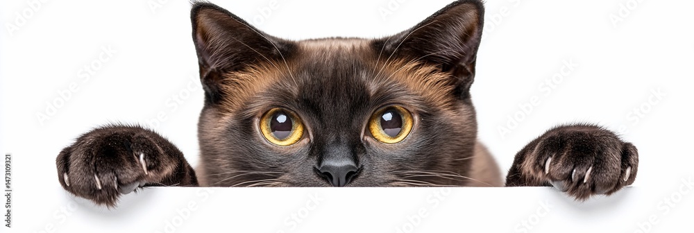 Fototapeta premium Curious brown cat peeking over white background.