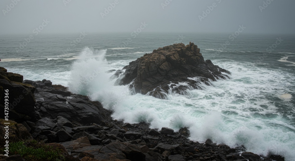 Obraz premium Dramatic Waves Crashing on Dark Rocks Coastal Scene