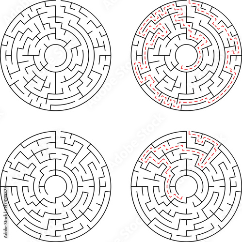 Four circular mazes two solved showing the solution path in red representing strategy and problem solving concepts