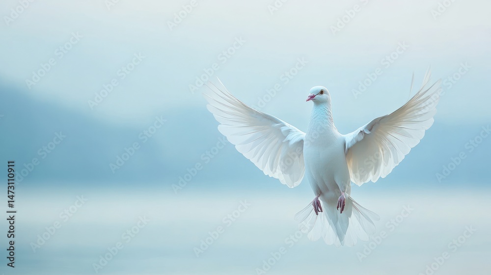 Fototapeta premium Elegant White Dove in Flight Against Soft Blurred Background Photography