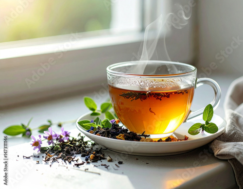 Steaming cup of herbal tea by window with soft natural light
