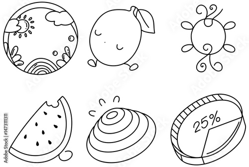 Cute and playful infographic featuring circle with sun, lemon, whimsical design, watermelon slice, shell, and pie chart