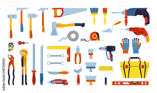 Building tools construction equipment set cartoon illustration. Hardware for repair works service construction industry collection. Hammer axe tools for home repairs tool box kit flat isolated vector
