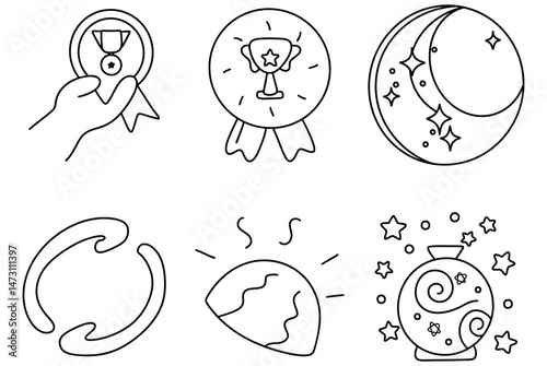 Hand holding medal, trophy, crescent moon, circular shapes, sun, and decorative globe create vibrant infographic data circle