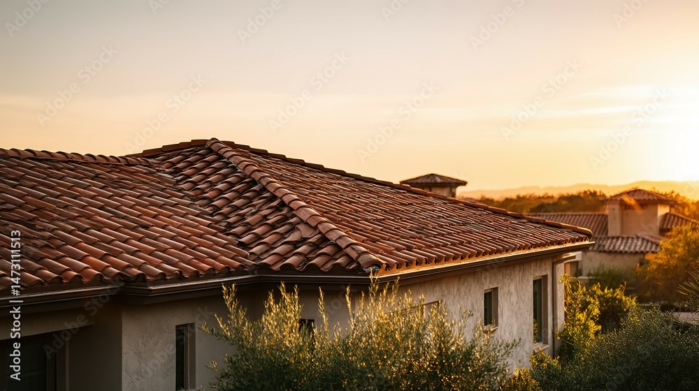 Terracotta tiled roof at sunset over residential homes. Terracotta tiled roof at sunset over residential homes.