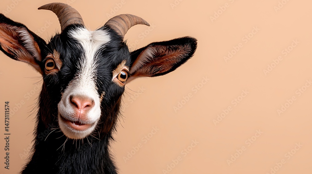 Closeup Portrait of a Black and White Goat with Long Ears and Beard Against Beige Background Closeup Portrait of a Black and White Goat with Long Ears and Beard Against Beige Background
