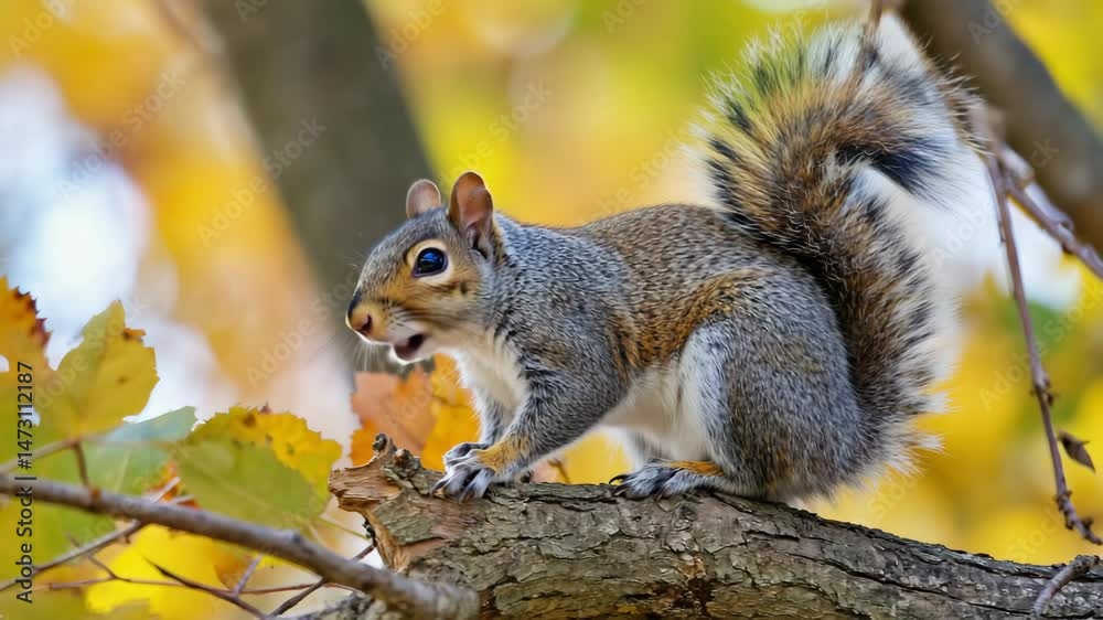 Squirrel on Tree Branch Surrounded by Colorful Autumn Leaves Squirrel on Tree Branch Surrounded by Colorful Autumn Leaves