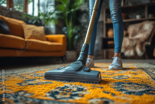 Wallpaper Mural Woman vacuuming carpet with vacuum cleaner. Torontodigital.ca
