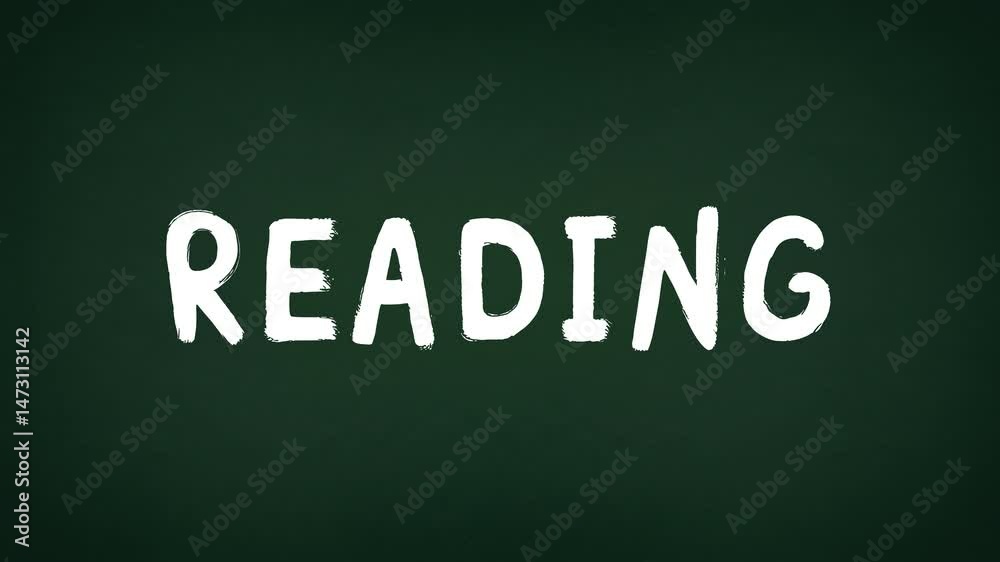 Animated word “READING” written in bold white chalk-style letters on a chalkboard background. This playful and simple animation is ideal for educational videos, school intros, learning modules Animated word “READING” written in bold white chalk-style letters on a chalkboard background. This playful and simple animation is ideal for educational videos, school intros, learning modules