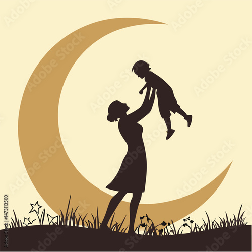 Mother and Child Silhouette in Sun – Symbolic Vector of Love, Care & Nurturing
