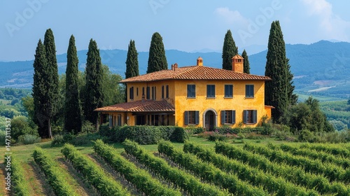 Picturesque yellow villa overlooking vineyards in Tuscany.