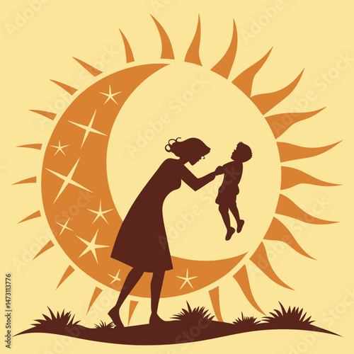 Mother and Child Silhouette in Sun – Symbolic Vector of Love, Care & Nurturing