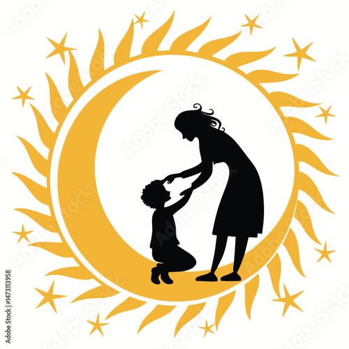 Mother and Child Silhouette in Sun – Symbolic Vector of Love, Care & Nurturing