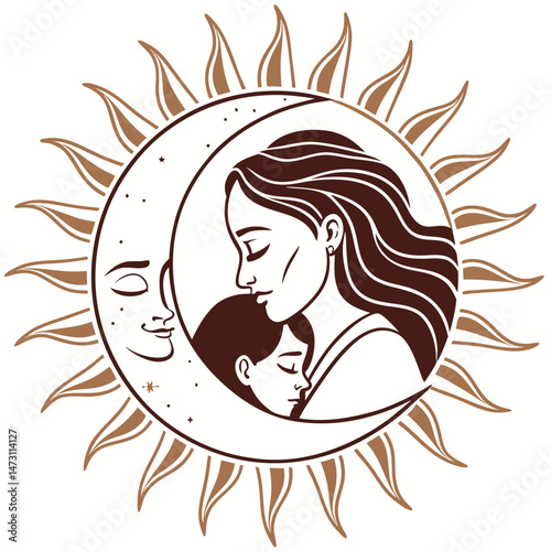 Mother and Child Silhouette in Sun – Symbolic Vector of Love, Care & Nurturing